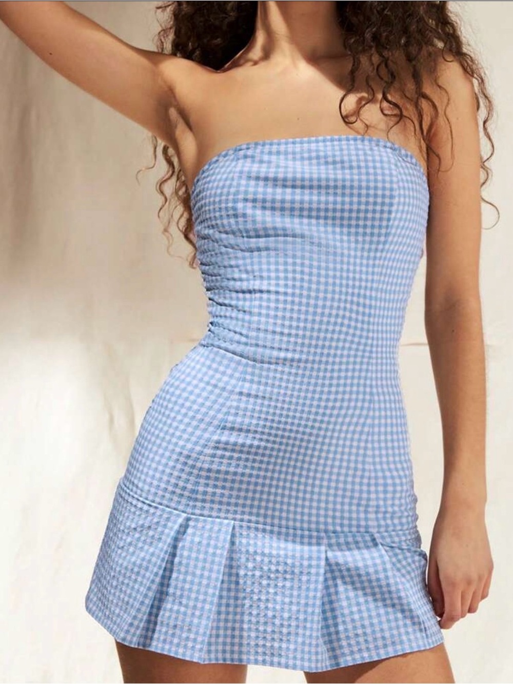 Strapless Blue Gingham Mini Dress